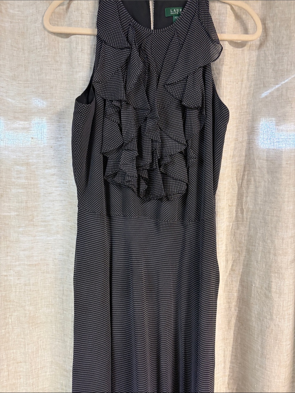 Ralph Lauren Black Polka Dot Ruffle Front Midi Dress
Silk
